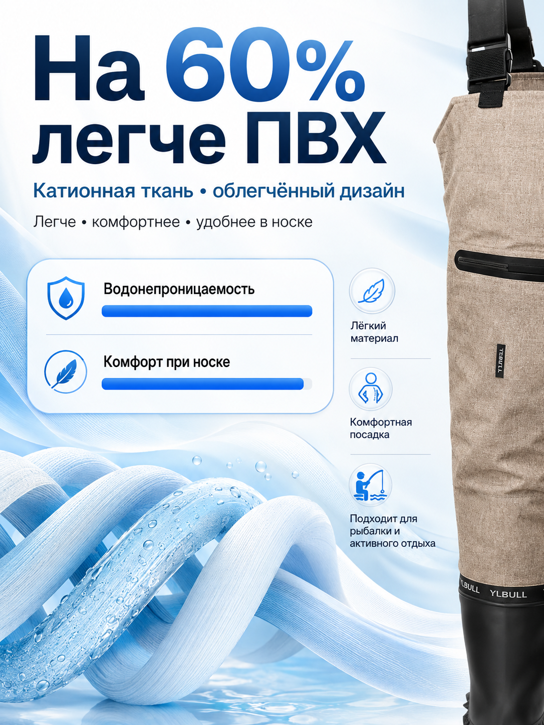 Вейдерсы рыбацкие с сапогами, водонепроницаемый забродный комбинезон для рыбалки