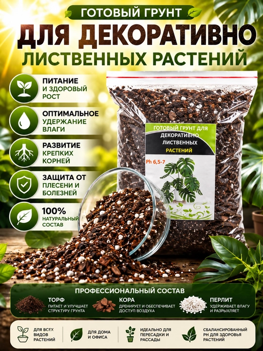 Торф, профессиональный грунт для декоративно лиственных растений, 1 л - 