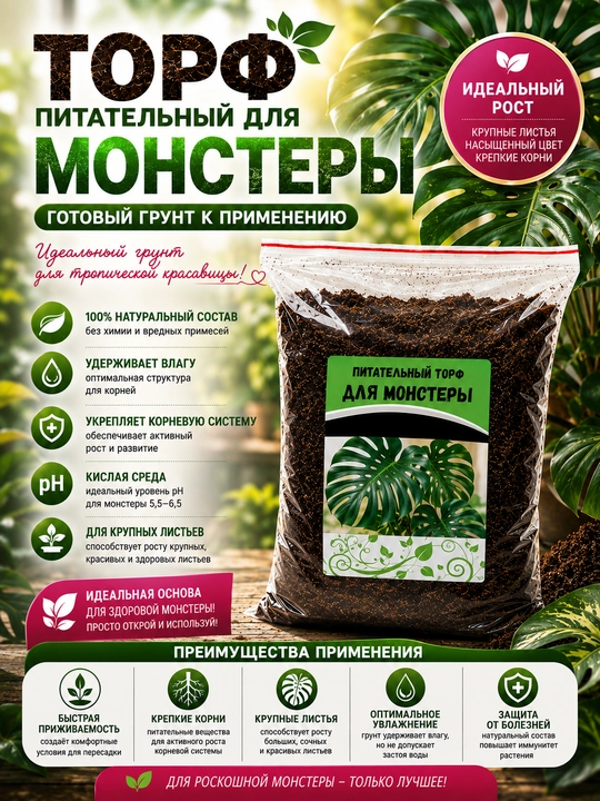 Авторский Питательный Торф для Монстеры, Гатовый Грунт для Монстеры - 