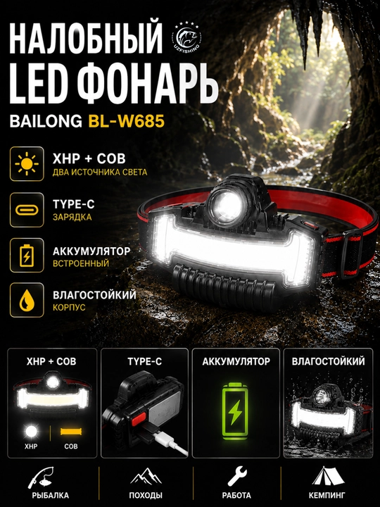 LED peshona fonarlari — ish, baliq ovlash, turizm va faol dam olish uchun, 15 xil model - 