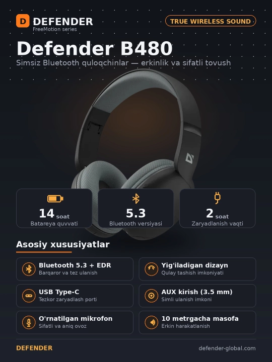 Беспроводные полноразмерные наушники Defender B480, Bluetooth гарнитура с MP3 - 