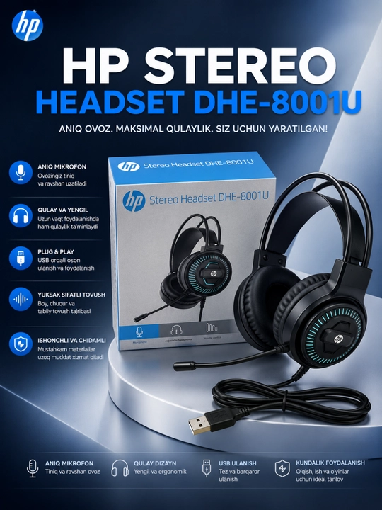 Hp stereo headset dhe-8001u usb гарнитура с микрофоном для пк и ноутбука черная usb - 