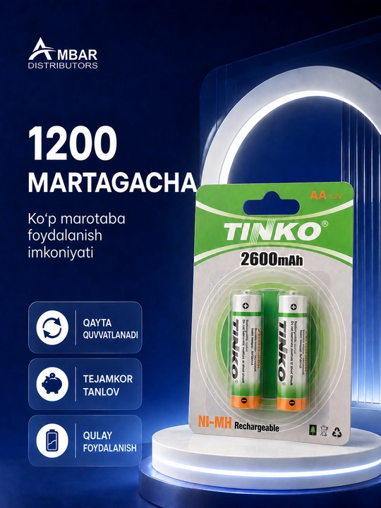 Qayta quvvatlanadigan AA batareyalar, 2600 mAh, 1200 martagacha, 2 dona
