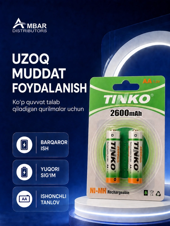Qayta quvvatlanadigan AA batareyalar, 2600 mAh, 1200 martagacha, 2 dona