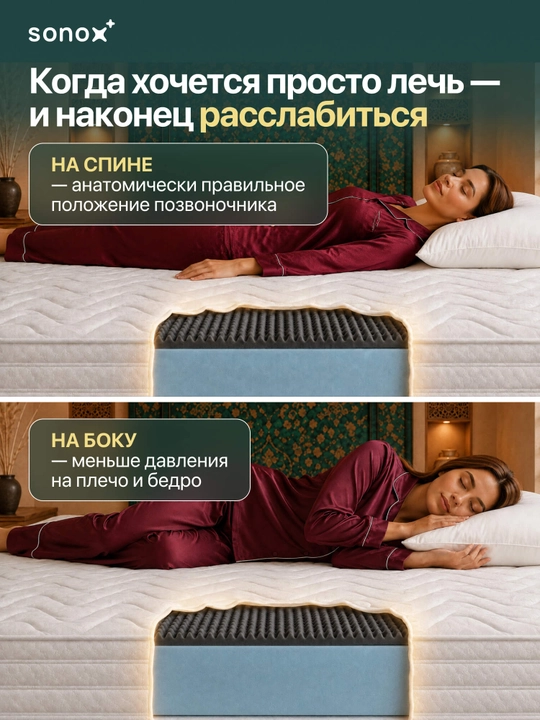 SONOX Lux Massage ortopedik prujinasiz to‘shak, 19 sm, o‘rtacha qattiqlikda