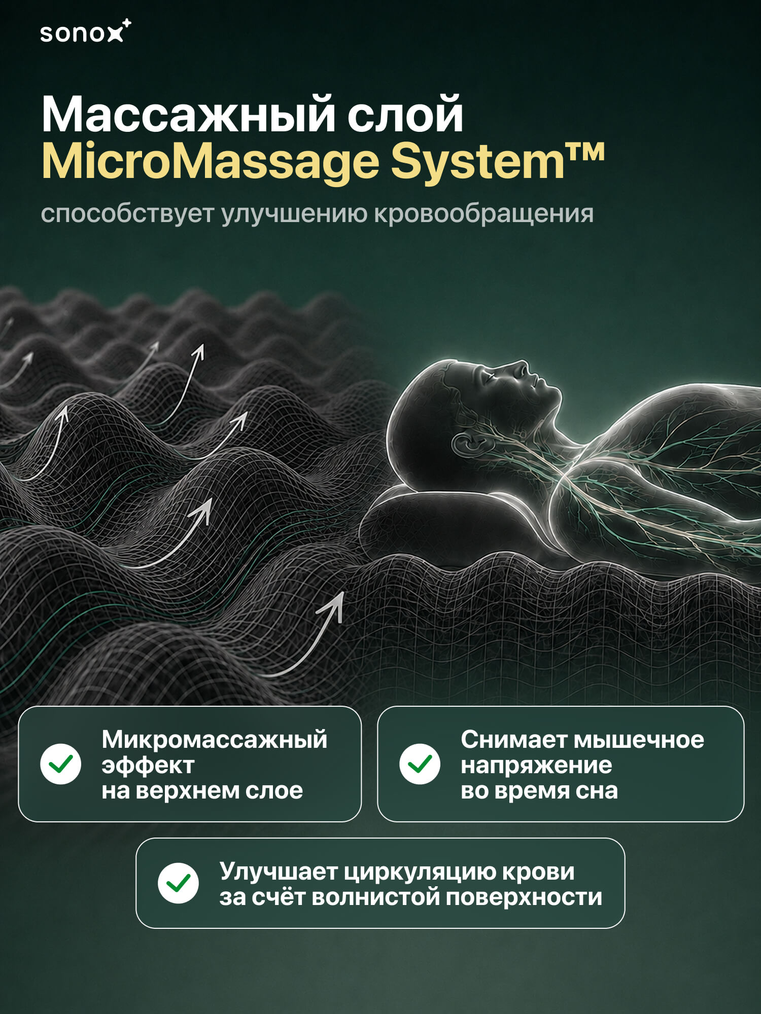 SONOX Lux Massage ortopedik prujinasiz to‘shak, 19 sm, o‘rtacha qattiqlikda