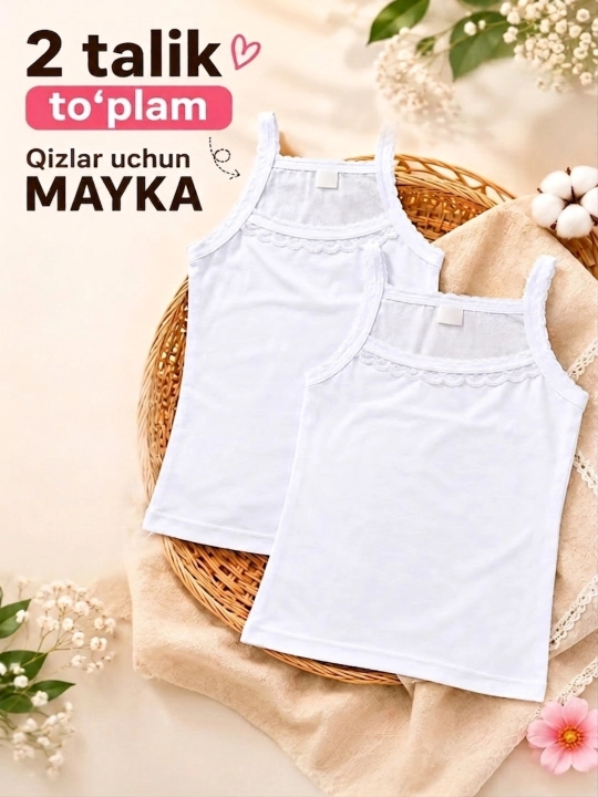 Qizlar uchun paxtali maykalar to'plami, 2 dona, oq rangda, krjeva bezakli 3-7 yosh - 