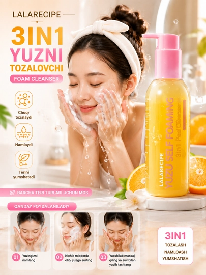 LalARECIPE 3 ta 1 da yuz uchun o‘z-o‘zidanko‘piklanuvchi tozalovchi vosita, piling, 200 ml - 