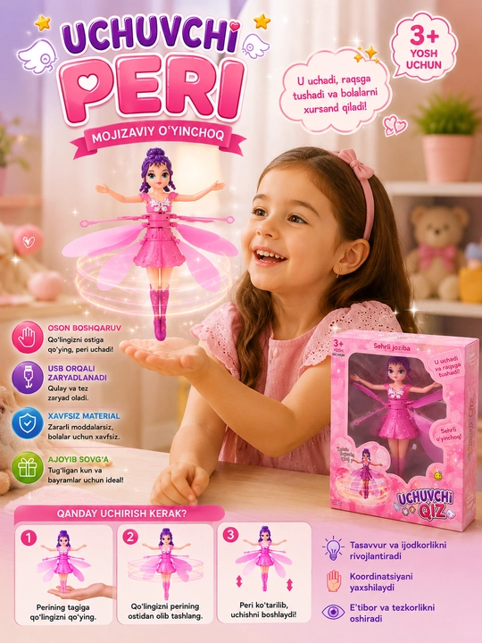 Uchuvchi peri qo'g'irchoq, sensorli, USB orqali zaryadlanadigan, 3+ yosh