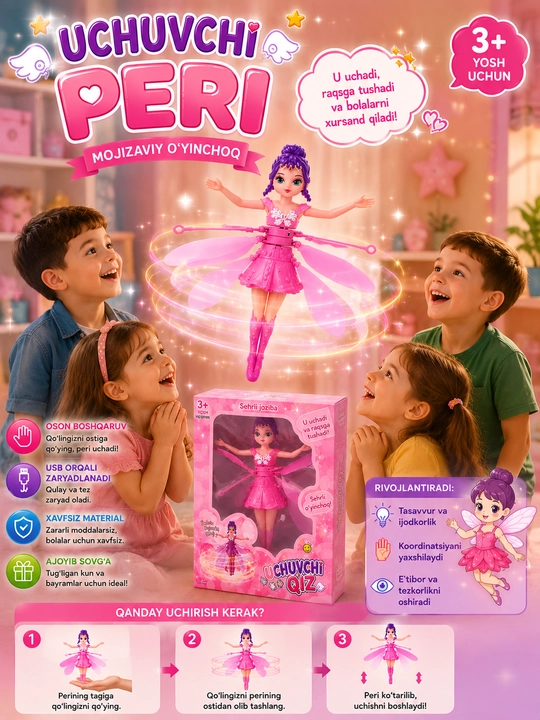 Uchuvchi peri qo'g'irchoq, sensorli, USB orqali zaryadlanadigan, 3+ yosh