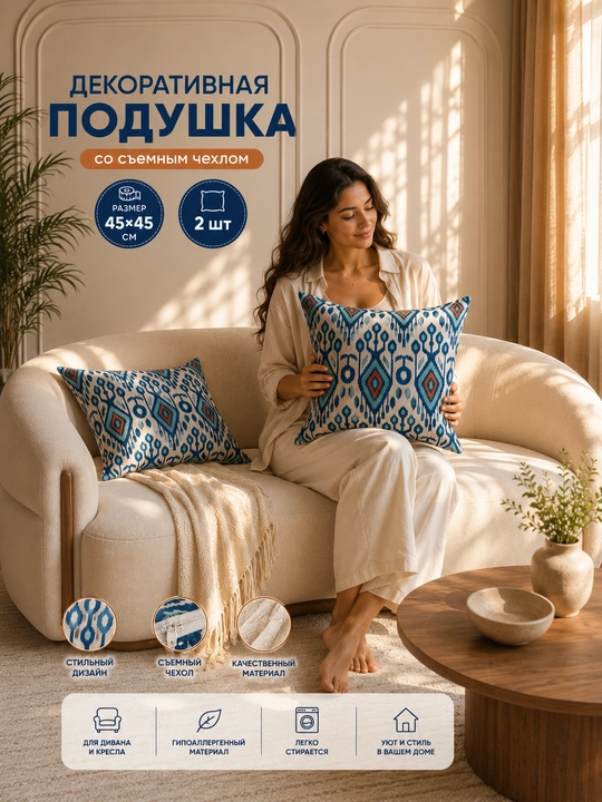 Декоративная подушка с принтом икат, 2 шт 45х45 см, для интерьера дома офиса и гостиниц - 