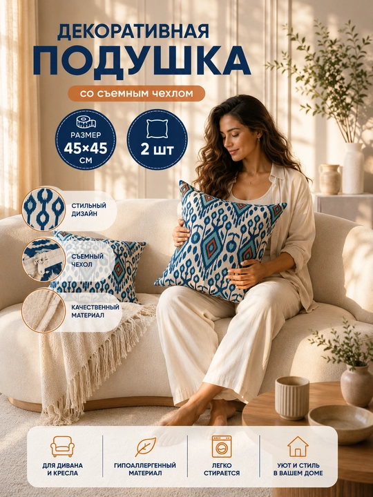 Dekorativ yostiq ikat printli, 2 dona, 45x45 sm, uy, ofis va mexmonxona interyeri uchun