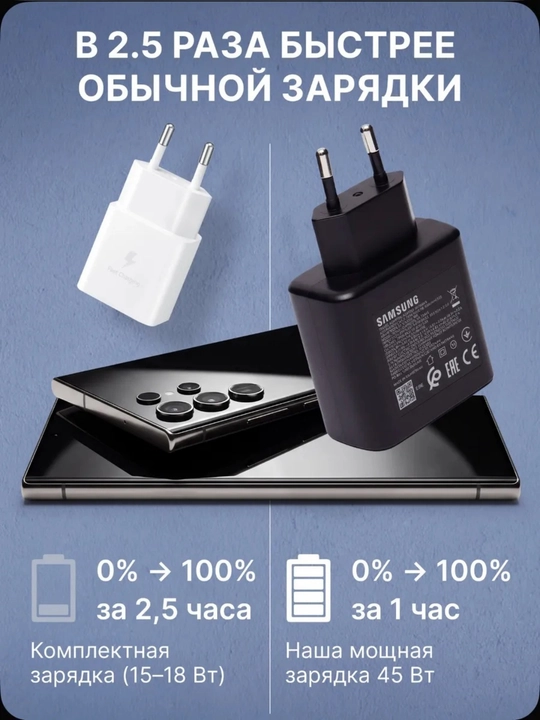 Zaryadnik Samsung Super Fast Charging 45W Type-C adapter kabeli bilan, 1 yil kafolat bor