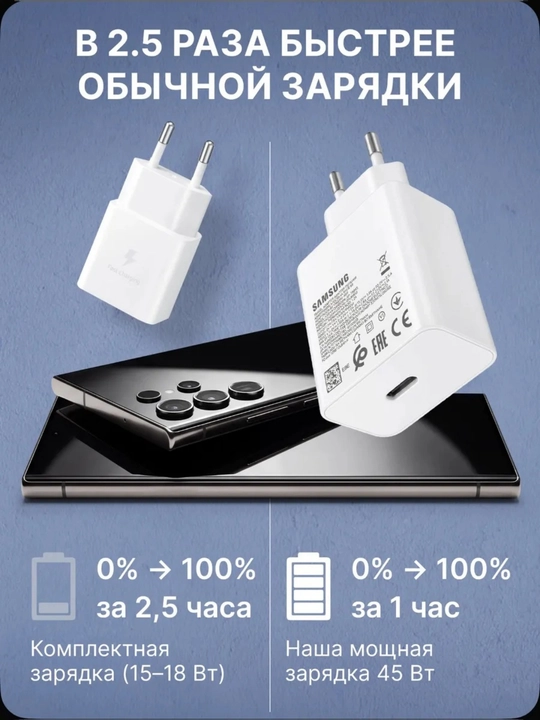 Zaryadnik Samsung Super Fast Charging 45W Type-C adapter kabeli bilan, 1 yil kafolat bor