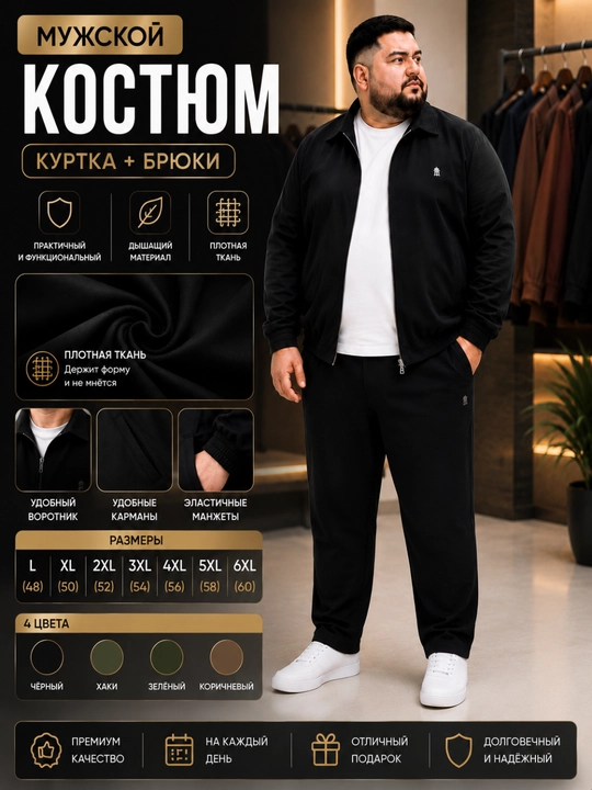 Мужской костюм куртка и брюки, повседневный, большие размеры L–6XL