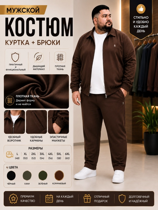 Мужской костюм куртка и брюки, повседневный, большие размеры L–6XL