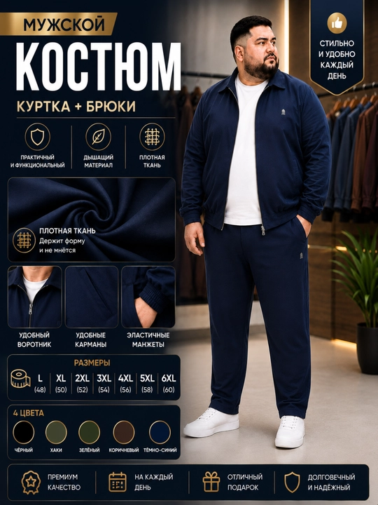 Мужской костюм куртка и брюки, повседневный, большие размеры L–6XL