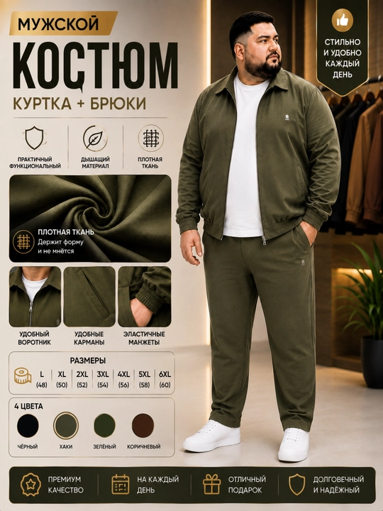 Мужской костюм куртка и брюки, повседневный, большие размеры L–6XL