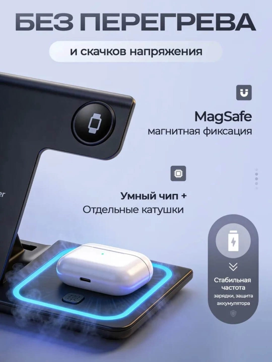 3-si-1-da simsiz zaryadlovchi stansiya – telefon, naushnik va aqlli soat uchun