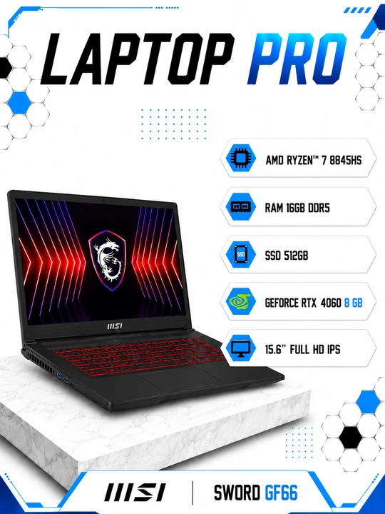 Ноутбук MSI Sword GF66, Ryzen 7 8845HS,16 GB DDR5/512GBSSD RTX 4060 8 GB-15.6″ Full HD IPS - 