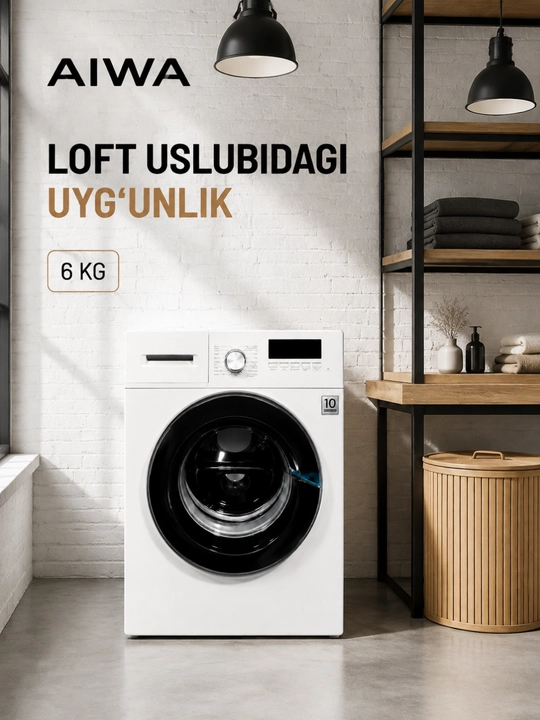 AIWA 6 kg oldindan yuklanadigan avtomatik kir yuvish mashinasi, oq rang