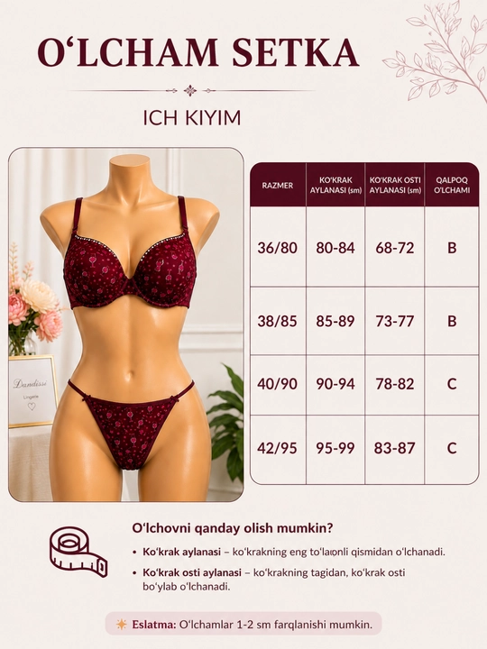 Ayollar ichki kiyim to‘plami, 36/80–42/95, byustgalter va trusik