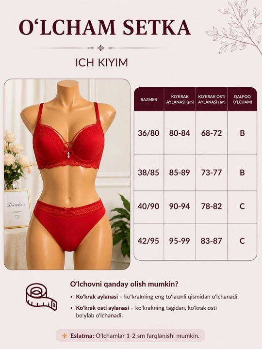 Ayollar ichki kiyim to‘plami, 36/80–42/95, byustgalter va trusik