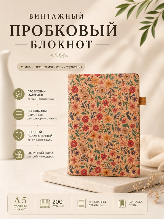 Винтажный пробковый блокнот A5, 200 страниц, линованные листы, для записей и планирования - 