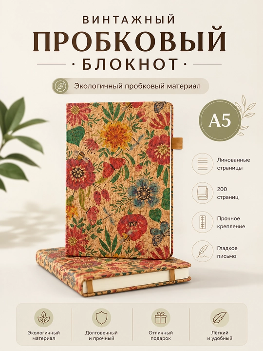 Винтажный пробковый блокнот A5, 200 страниц, линованные листы, для записей и планирования - 