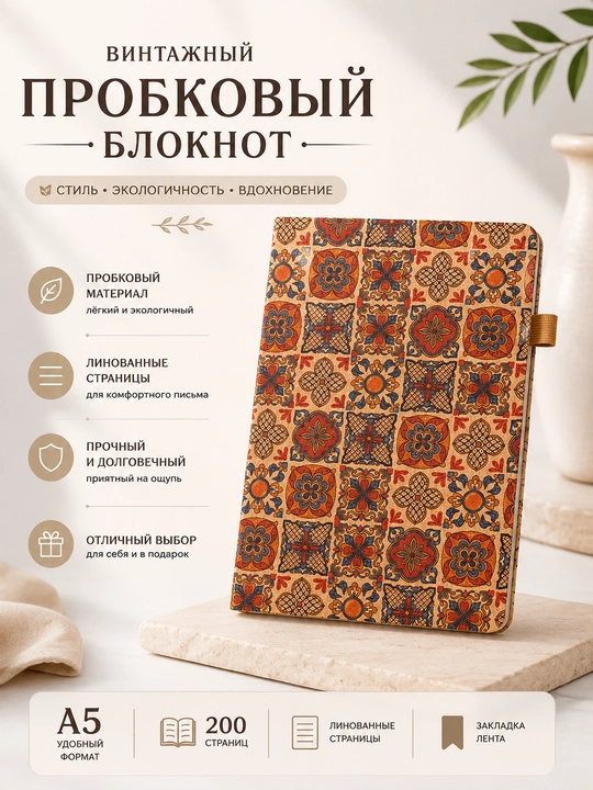Винтажный пробковый блокнот A5, 200 страниц, линованные листы, для записей и планирования - 