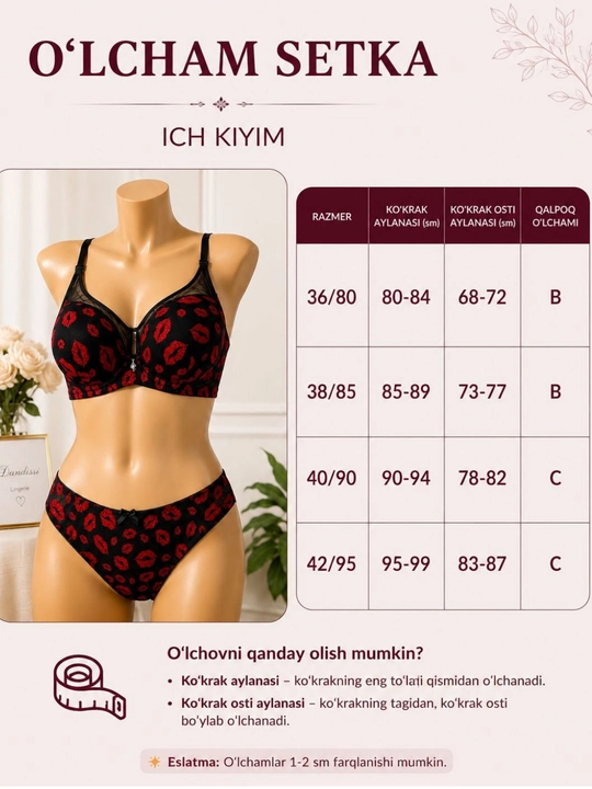 Ayollar ichki kiyim to‘plami, 36/80–42/95, byustgalter va trusik