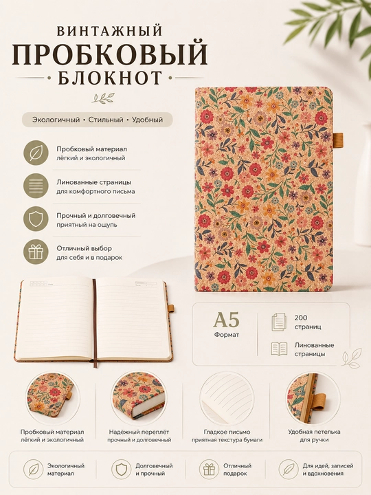 Vintaj probkali bloknot A5, 200 sahifa, chiziqli varaq, kundalik va rejalashtirish uchun