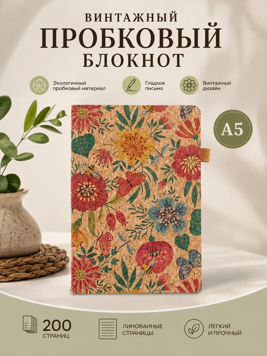 Vintaj probkali bloknot A5, 200 sahifa, chiziqli varaq, kundalik va rejalashtirish uchun