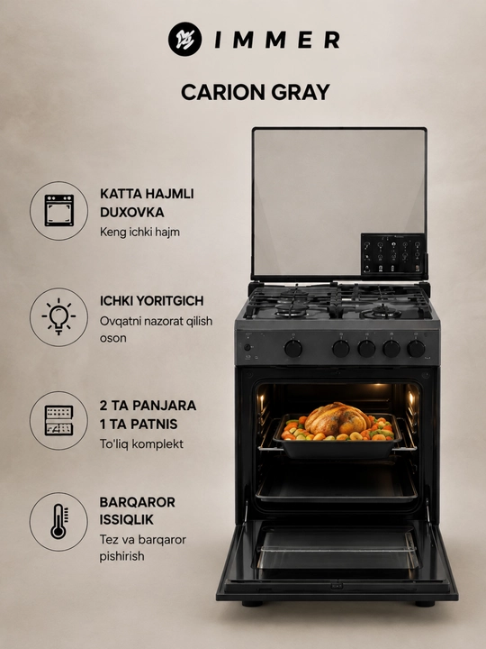 IMMER Carbon Gray gaz plitasi, 4 konforka, 67 L duxovka, avtoyoqish, cho‘yan panjara