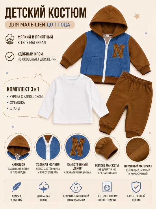 Детский костюм до 1 года, 3 предмета, с капюшоном, футболкой и брюками