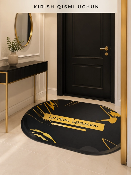 Dekorativ gilamcha 60×90 sm, qora-oltin minimal dizayn, uy va kirish qismi uchun