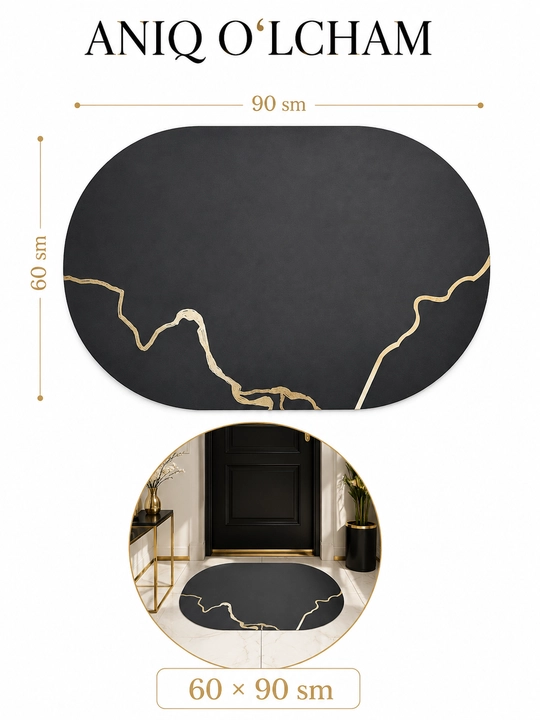 Dekorativ gilamcha 60×90 sm, qora-oltin minimal dizayn, uy va kirish qismi uchun