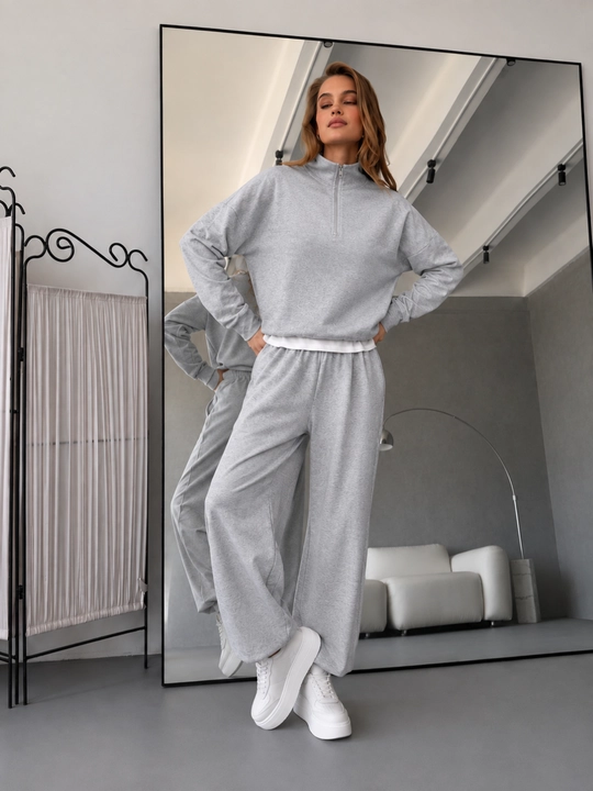 Ayollar uchun ikkilik, keng shimli sport kostyum, zamokli kofta, kulrang freesize