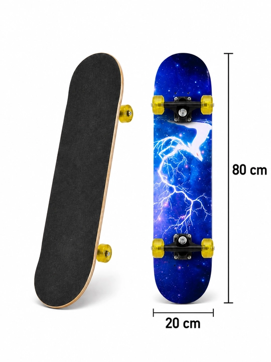 Kanada zarangidan yog‘och skeytbord 80×20 sm, qora griptape va oq g‘ildirakli klassik model - 