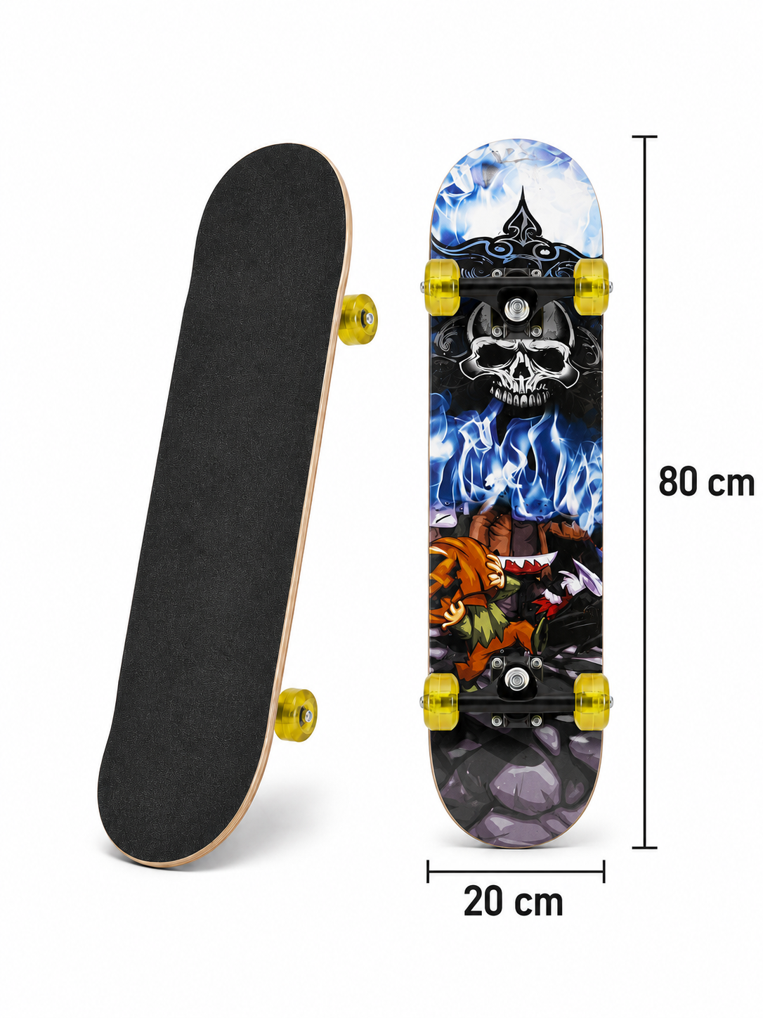 Kanada zarangidan yog‘och skeytbord 80×20 sm, qora griptape va oq g‘ildirakli klassik model - 