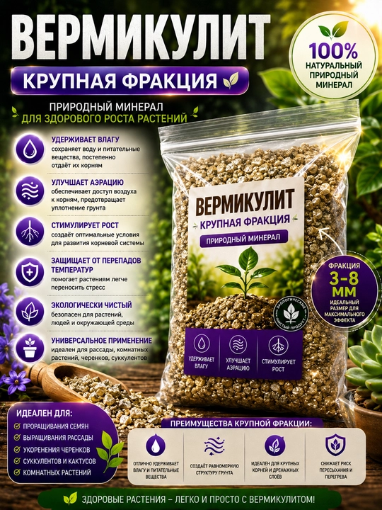 Вермикулит для здорового роста растений, мелкая и крупная фракция - 