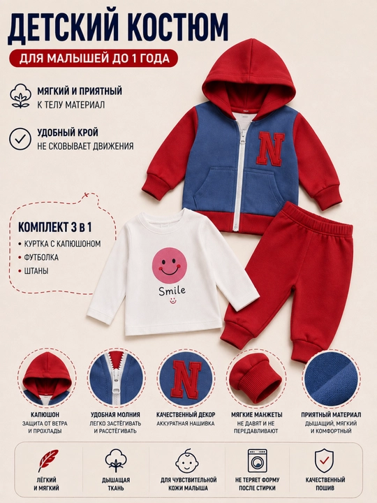 Детский костюм до 1 года, 3 предмета, с капюшоном, футболкой и брюками