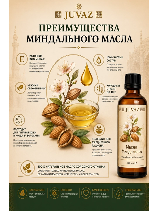 Масло миндальное JUVAZ, 100% натуральное, для ухода за кожей и волосами, 100 мл