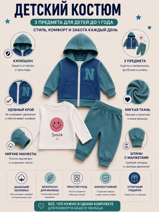 Детский костюм до 1 года, 3 предмета, с капюшоном, футболкой и брюками