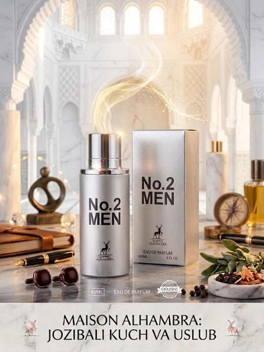 Erkaklar atiri No.2 Men 80 ml, o'ziga xos yog'ochli va yangi iforli parfyum suvi Alhambra