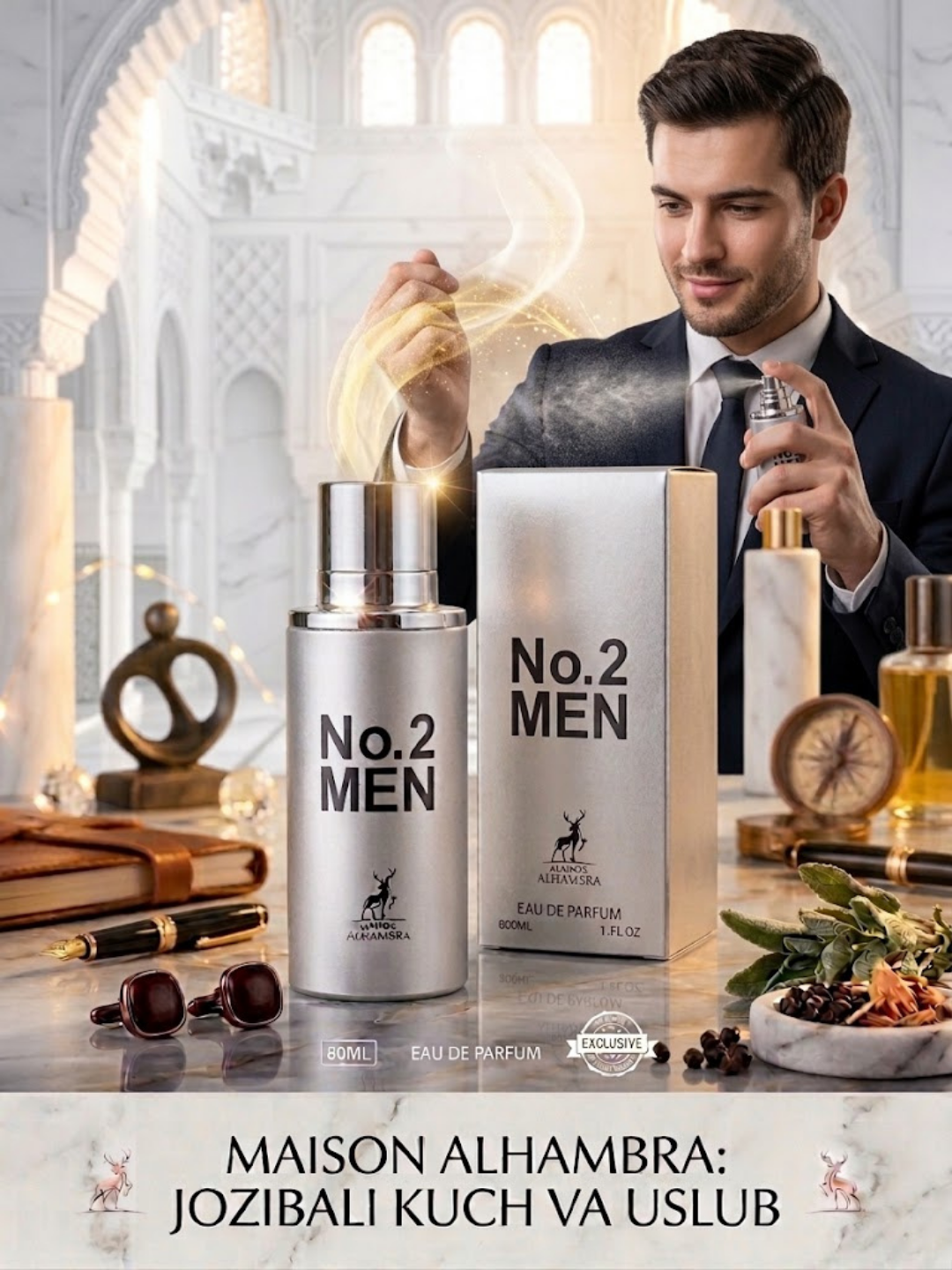 Erkaklar atiri No.2 Men 80 ml, o'ziga xos yog'ochli va yangi iforli parfyum suvi Alhambra - 