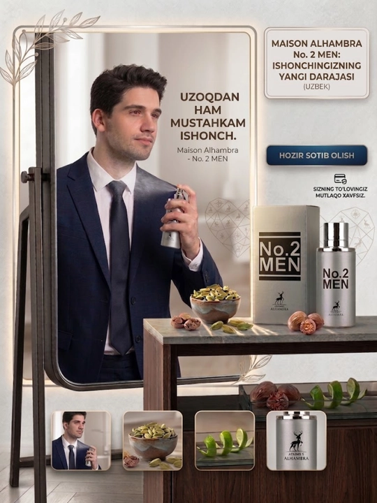 Erkaklar atiri No.2 Men, 80 ml, o'ziga xos yog'ochli va yangi iforli parfyum suvi Alhambra