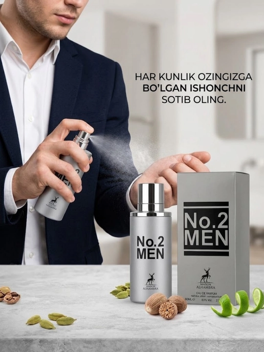 Erkaklar atiri No.2 Men 80 ml, o'ziga xos yog'ochli va yangi iforli parfyum suvi Alhambra