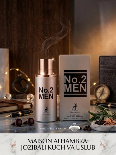 Мужская парфюмерная вода No.2 Men 80 мл, с древесным и свежим ароматом Alhambra - 