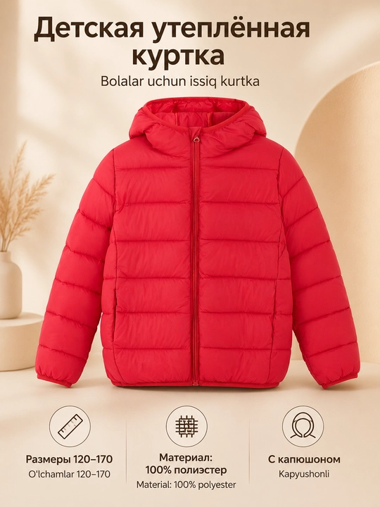 Bolalar uchun yengil va issiq kapyushonli kurtka (puxovik), bo'yi 130-170 sm